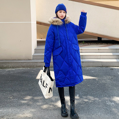 2022 φθινόπωρο και χειμώνας μεσαίο βαμβακερό παλτό φαρδύ ρόμβος παχύρρευστο σακάκι μακρύ μεγάλο γούνινο παλτό με κουκούλα