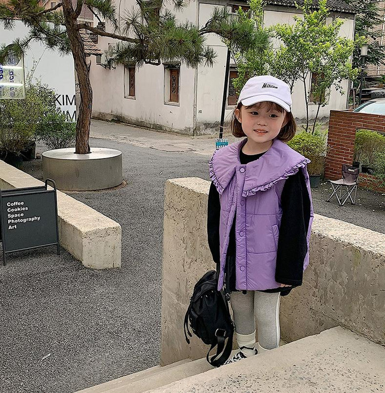 Jaunas rudens ziemas mazuļu meiteņu kokvilnas polsterētas vestes volāniem apkakles vienkrāsains korejiešu stila mazuļiem bērniem, saldas vestes