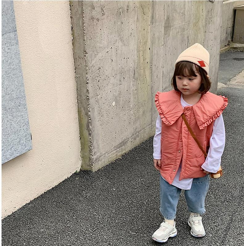 Jaunas rudens ziemas mazuļu meiteņu kokvilnas polsterētas vestes volāniem apkakles vienkrāsains korejiešu stila mazuļiem bērniem, saldas vestes