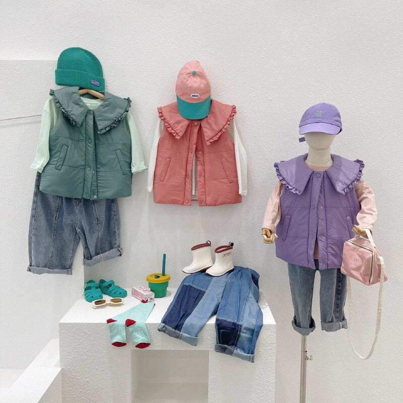 Jaunas rudens ziemas mazuļu meiteņu kokvilnas polsterētas vestes volāniem apkakles vienkrāsains korejiešu stila mazuļiem bērniem, saldas vestes