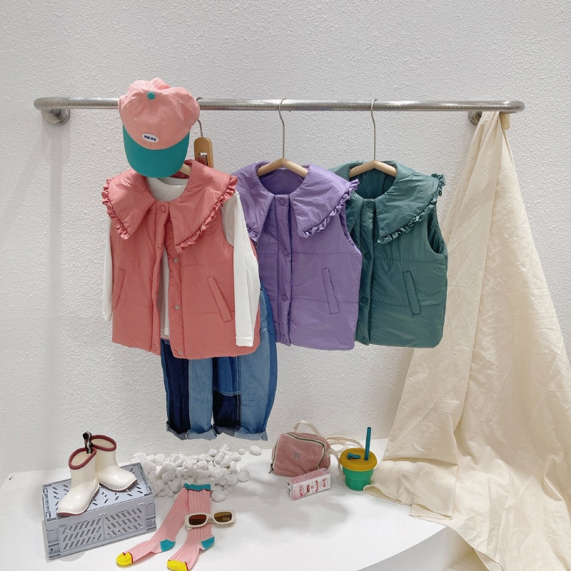 Jaunas rudens ziemas mazuļu meiteņu kokvilnas polsterētas vestes volāniem apkakles vienkrāsains korejiešu stila mazuļiem bērniem, saldas vestes