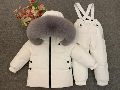 Ρωσικό χειμωνιάτικο πουπουλένιο κοστούμι για κορίτσια Ζεστά παιδικά χειμερινά κοστούμια για αγόρια Μπουφάν με πούπουλα πάπιας + φόρμες 2 τμχ Σετ ρούχων Παιδικά ρούχα χιονιού
