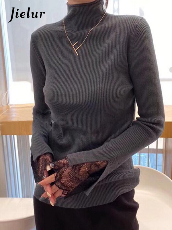 Jielur Ženski uski pleteni džemper s donjim dijelom Ženski jesenski zimski dolčevet s dugim rukavima Čipkani sueter Ležerni puloveri Ženske majice