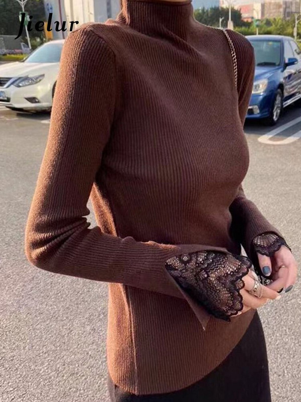 Jielur Ženski uski pleteni džemper s donjim dijelom Ženski jesenski zimski dolčevet s dugim rukavima Čipkani sueter Ležerni puloveri Ženske majice
