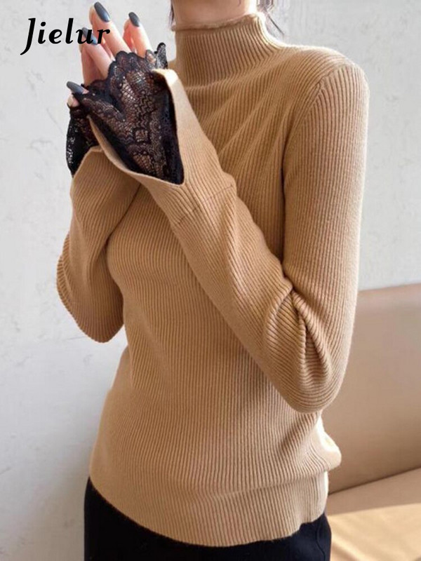 Jielur Ženski uski pleteni džemper s donjim dijelom Ženski jesenski zimski dolčevet s dugim rukavima Čipkani sueter Ležerni puloveri Ženske majice