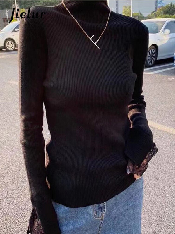 Jielur Ženski uski pleteni džemper s donjim dijelom Ženski jesenski zimski dolčevet s dugim rukavima Čipkani sueter Ležerni puloveri Ženske majice
