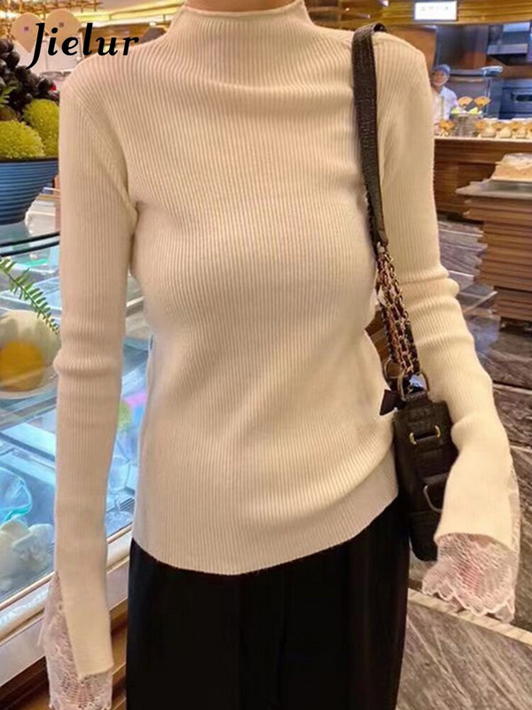 Jielur Ženski uski pleteni džemper s donjim dijelom Ženski jesenski zimski dolčevet s dugim rukavima Čipkani sueter Ležerni puloveri Ženske majice