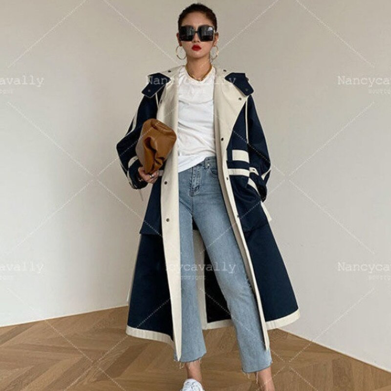 Nove ženske korejske vjetrovke dugih rukava, kaputi Ženske šik patchwork dizajna Duga trench gornja odjeća velikih veličina