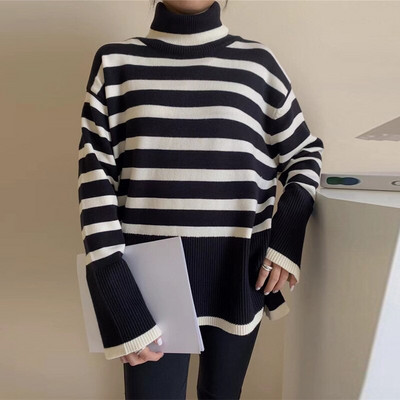 Sieviešu bruņurupuču ikdienas trikotāžas, svītrains džemperis sievietēm, kašmira šķelts, biezs, liela izmēra sieviešu džemperis, 2022. gada mīksts rudens ziemas tops