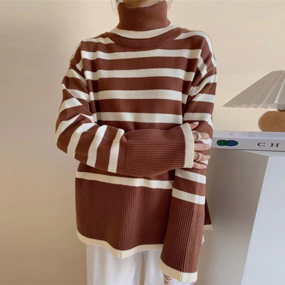 Sieviešu bruņurupuču ikdienas trikotāžas, svītrains džemperis sievietēm, kašmira šķelts, biezs, liela izmēra sieviešu džemperis, 2022. gada mīksts rudens ziemas tops