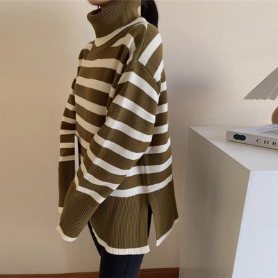 Sieviešu bruņurupuču ikdienas trikotāžas, svītrains džemperis sievietēm, kašmira šķelts, biezs, liela izmēra sieviešu džemperis, 2022. gada mīksts rudens ziemas tops