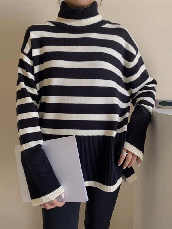 Sieviešu bruņurupuču ikdienas trikotāžas, svītrains džemperis sievietēm, kašmira šķelts, biezs, liela izmēra sieviešu džemperis, 2022. gada mīksts rudens ziemas tops