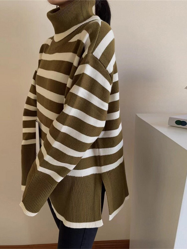 Sieviešu bruņurupuču ikdienas trikotāžas, svītrains džemperis sievietēm, kašmira šķelts, biezs, liela izmēra sieviešu džemperis, 2022. gada mīksts rudens ziemas tops