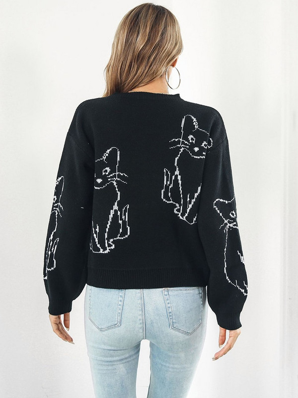 Πλεκτό πουλόβερ Γυναικείο πουλόβερ γάτας Γυναικείο μακρυμάνικο τοπ Γυναικείο στρογγυλό λαιμό, casual χαλαρό πλεκτό χειμώνα Sueter Feminino