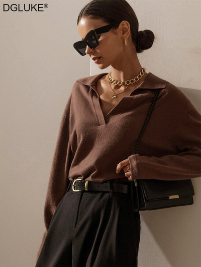 Polo gallér, vintage kötött pulóver, női, ősz, tél 2022, 2023, hosszú ujjú pulóver, nagyméretű póló felső