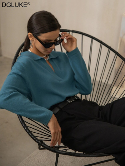 Polo gallér, vintage kötött pulóver, női, ősz, tél 2022, 2023, hosszú ujjú pulóver, nagyméretű póló felső