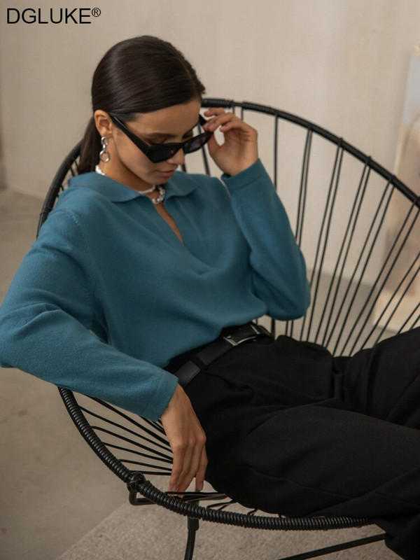 Polo gallér, vintage kötött pulóver, női, ősz, tél 2022, 2023, hosszú ujjú pulóver, nagyméretű póló felső