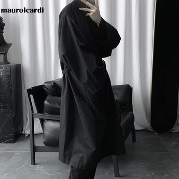 Mauroicardi Autumn Long Black Oversize Trench Coat Men Long Sleeve Loose Dark Academia Aesthetic Fashion without Buttons 2021