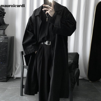 Mauroicardi Autumn Long Black Oversize Trench Coat Men Long Sleeve Loose Dark Academia Aesthetic Fashion without Buttons 2021