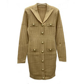 Υψηλής ποιότητας φθινοπωρινό λεπτό μεσαίο μακρύ πλεκτό φόρεμα στήθος για γυναίκες 2022 Μεγάλο χρυσό κουμπί με μαξιλαράκι ώμου