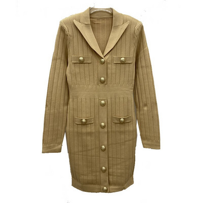 Υψηλής ποιότητας φθινοπωρινό λεπτό μεσαίο μακρύ πλεκτό φόρεμα στήθος για γυναίκες 2022 Μεγάλο χρυσό κουμπί με μαξιλαράκι ώμου