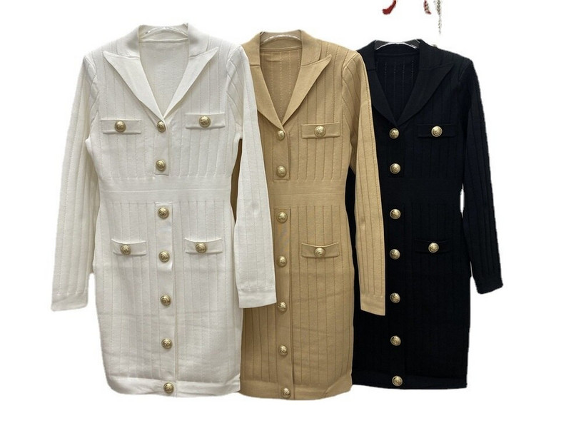 Υψηλής ποιότητας φθινοπωρινό λεπτό μεσαίο μακρύ πλεκτό φόρεμα στήθος για γυναίκες 2022 Μεγάλο χρυσό κουμπί με μαξιλαράκι ώμου