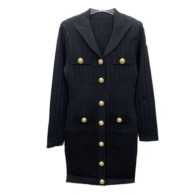 Υψηλής ποιότητας φθινοπωρινό λεπτό μεσαίο μακρύ πλεκτό φόρεμα στήθος για γυναίκες 2022 Μεγάλο χρυσό κουμπί με μαξιλαράκι ώμου