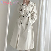 Minimalistički ženski bijeli kaput s dvostrukim kopčanjem Aelegantmis, proljetni pojas, korejska visokokvalitetna ženska bijela vjetrovka