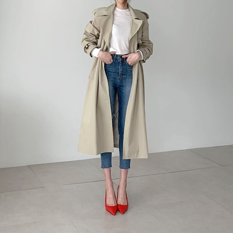 Minimalistički ženski bijeli kaput s dvostrukim kopčanjem Aelegantmis, proljetni pojas, korejska visokokvalitetna ženska bijela vjetrovka