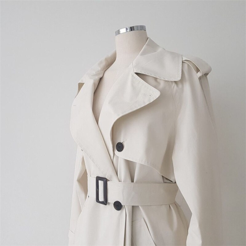Minimalistički ženski bijeli kaput s dvostrukim kopčanjem Aelegantmis, proljetni pojas, korejska visokokvalitetna ženska bijela vjetrovka
