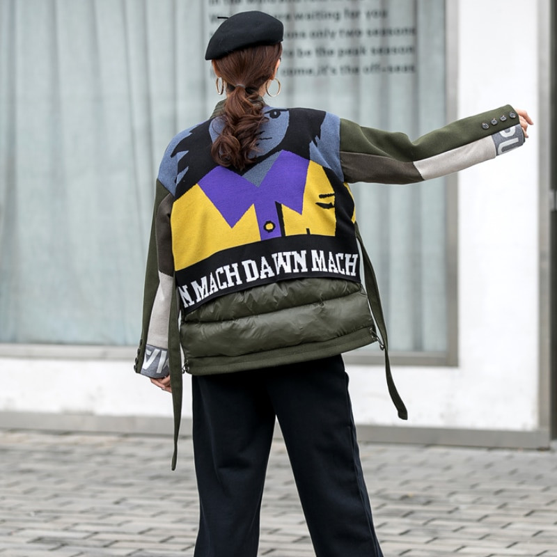 Zimske minimalističke široke debele tople jakne dugih rukava Kaput Ženska odjeća s pamukom podstavljena s printom