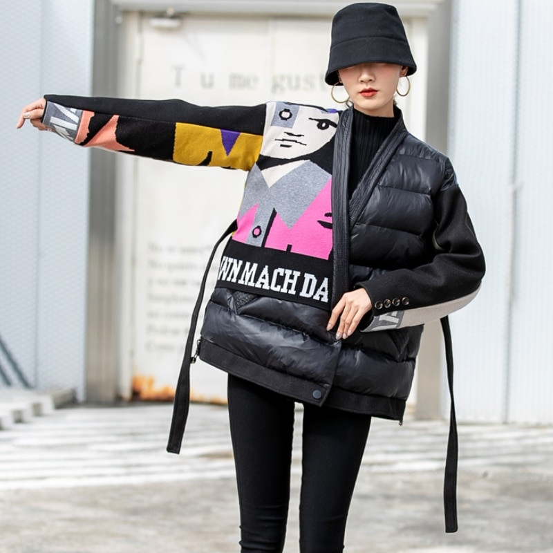 Zimske minimalističke široke debele tople jakne dugih rukava Kaput Ženska odjeća s pamukom podstavljena s printom