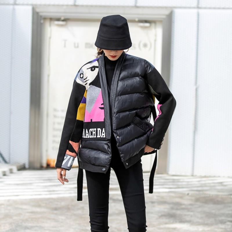 Zimske minimalističke široke debele tople jakne dugih rukava Kaput Ženska odjeća s pamukom podstavljena s printom