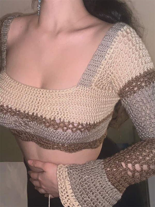 2022 Γυναικεία ριγέ πλεκτά πουλόβερ Crop μπλουζάκια με κούφια τετράγωνη λαιμόκοψη μακριά μανίκια φουσκωτά Y2K Αισθητική μπλούζες με εξώπλατο μπλουζάκι