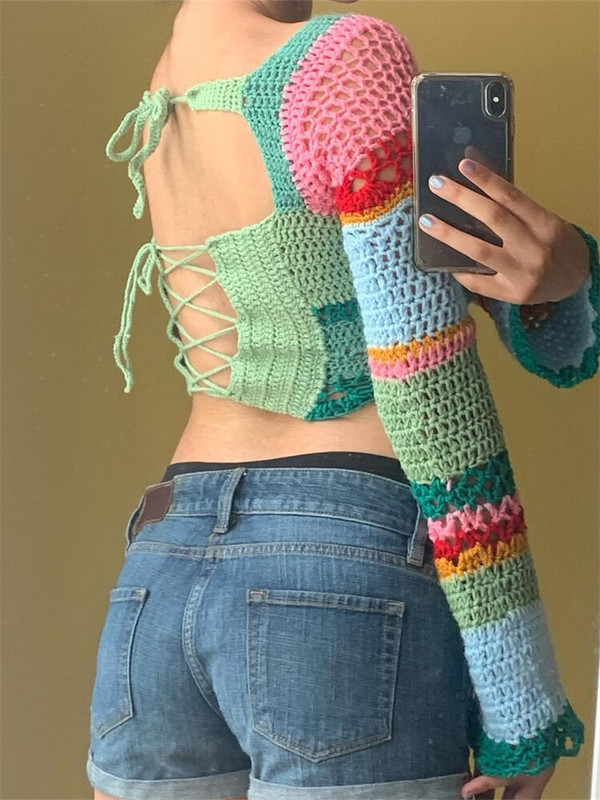 2022 Γυναικεία ριγέ πλεκτά πουλόβερ Crop μπλουζάκια με κούφια τετράγωνη λαιμόκοψη μακριά μανίκια φουσκωτά Y2K Αισθητική μπλούζες με εξώπλατο μπλουζάκι