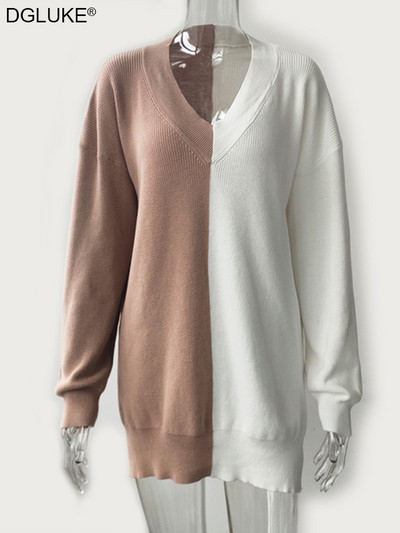 Kontrasts trikotāžas džemperi sievietēm Modes 2022 V-veida kakla izgriezums, liels, liela izmēra džemperis, džemperis, rudens ziemas trikotāžas tops