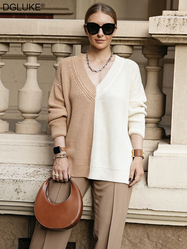 Kontrasts trikotāžas džemperi sievietēm Modes 2022 V-veida kakla izgriezums, liels, liela izmēra džemperis, džemperis, rudens ziemas trikotāžas tops