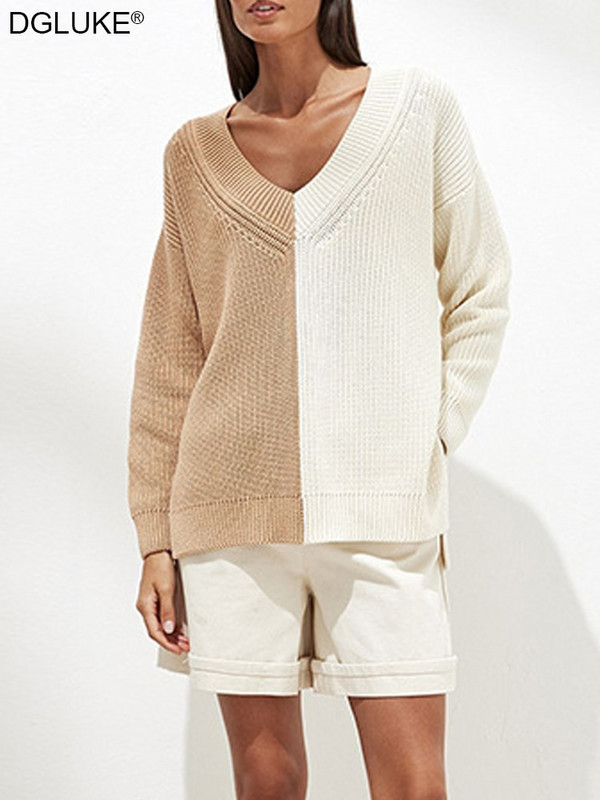 Kontrasts trikotāžas džemperi sievietēm Modes 2022 V-veida kakla izgriezums, liels, liela izmēra džemperis, džemperis, rudens ziemas trikotāžas tops