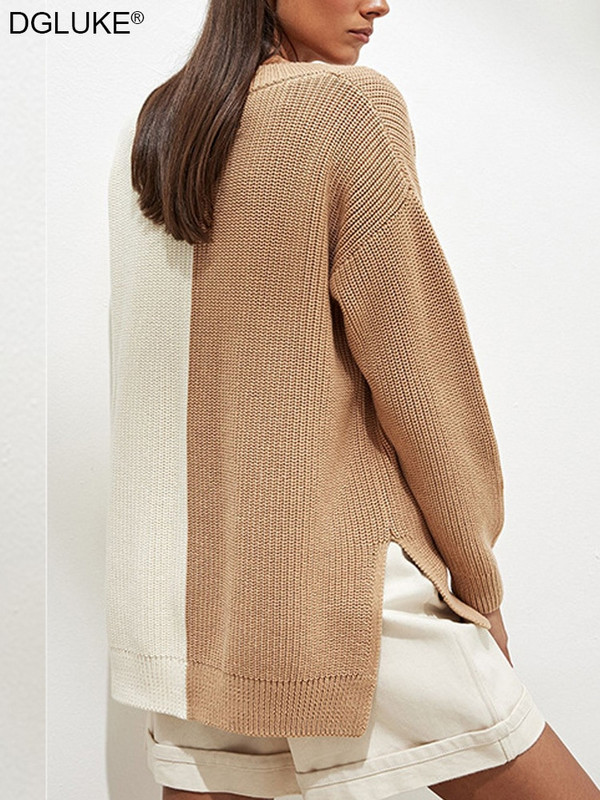 Kontrasts trikotāžas džemperi sievietēm Modes 2022 V-veida kakla izgriezums, liels, liela izmēra džemperis, džemperis, rudens ziemas trikotāžas tops
