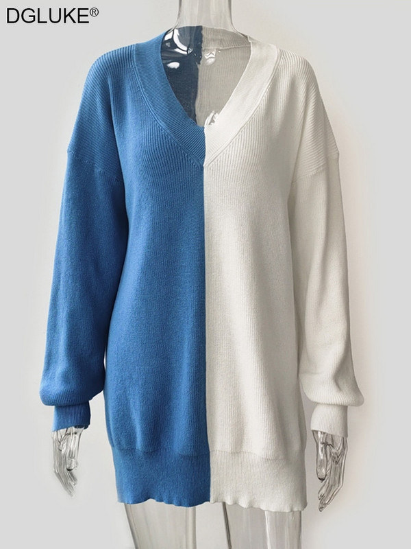 Kontrasts trikotāžas džemperi sievietēm Modes 2022 V-veida kakla izgriezums, liels, liela izmēra džemperis, džemperis, rudens ziemas trikotāžas tops