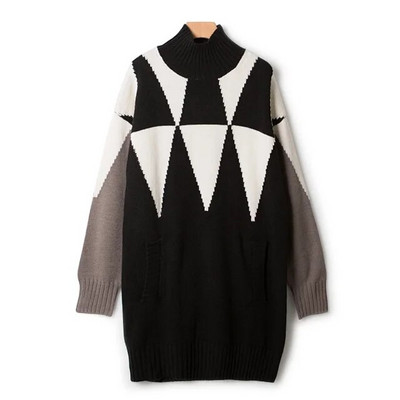 Topli ženski pulover srednje dužine poluvisokog ovratnika Boja patchwork Geometrijski Argyle Jesenski ženski pulover dugih rukava od mješavine vune