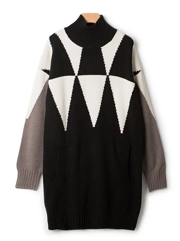 Topli ženski pulover srednje dužine poluvisokog ovratnika Boja patchwork Geometrijski Argyle Jesenski ženski pulover dugih rukava od mješavine vune