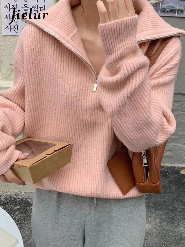 Jielur Ženski pulover Preveliki pleteni pulover s patentnim zatvaračem Jednobojni široki ženski pulover s kratkim rukavima Jesen Zima Dolčevita