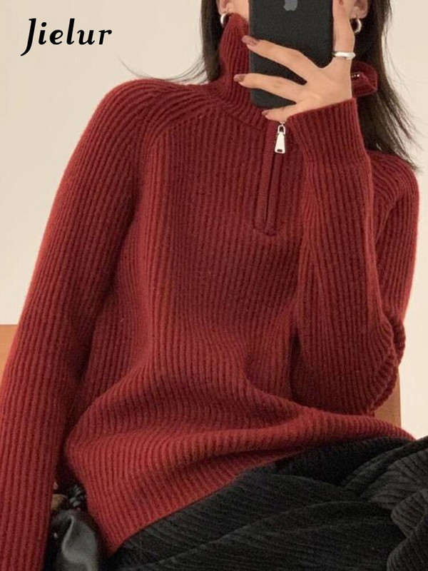 Jielur Ženski pulover Preveliki pleteni pulover s patentnim zatvaračem Jednobojni široki ženski pulover s kratkim rukavima Jesen Zima Dolčevita