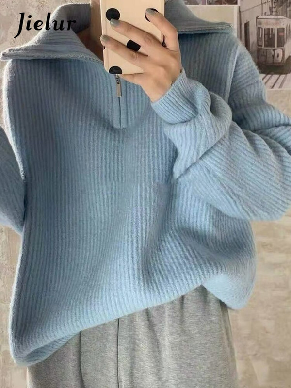 Jielur Ženski pulover Preveliki pleteni pulover s patentnim zatvaračem Jednobojni široki ženski pulover s kratkim rukavima Jesen Zima Dolčevita