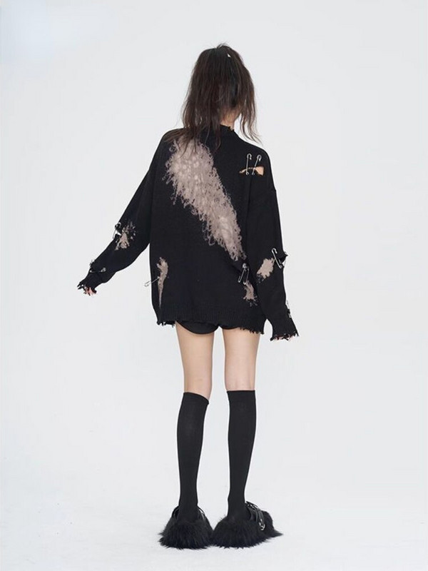 HOUZHOU Harajuku γοτθικό πουλόβερ Γυναικεία ρούχα δρόμου Hollow Out Y2k μπλούζες Φθινοπωρινά Πλεκτά πουλόβερ χειμωνιάτικο Υπερμεγέθη vintage πουλόβερ