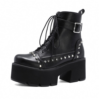 Μαύρες χονδρές μπότες μοτοσυκλέτας για γυναίκες Μπότες πλατφόρμας Γυναικείες μπότες πανκ δρόμου ανοιξιάτικες φθινοπωρινές κοντές μπότες Παπούτσια Καφέ