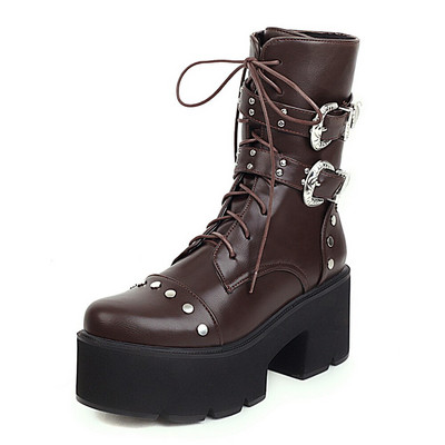 Μαύρες χονδρές μπότες μοτοσυκλέτας για γυναίκες Μπότες πλατφόρμας Γυναικείες μπότες πανκ δρόμου ανοιξιάτικες φθινοπωρινές κοντές μπότες Παπούτσια Καφέ