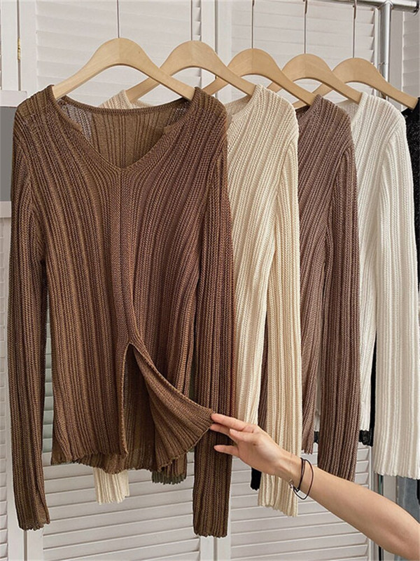 Yitimoky džemper Ženski džemper Pleteni pulover Jesen zima 2022. Split V-izrez Korejski modni top dugih rukava Y2k uska odjeća