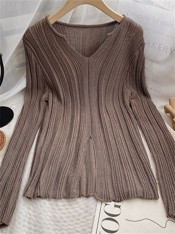 Yitimoky džemper Ženski džemper Pleteni pulover Jesen zima 2022. Split V-izrez Korejski modni top dugih rukava Y2k uska odjeća